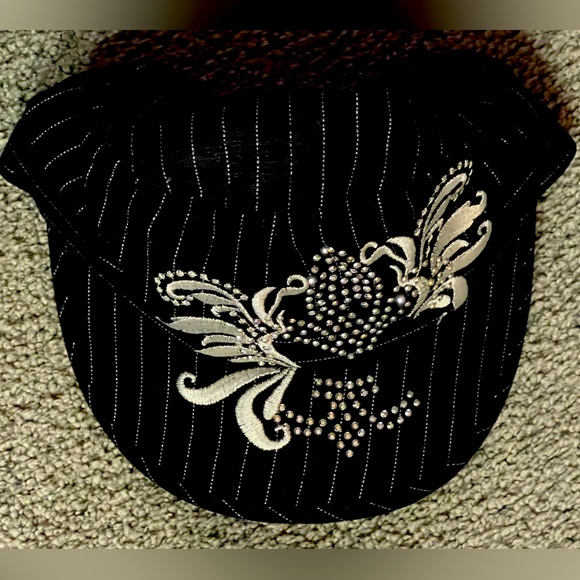 NWT BLACK PIN-STRIPE BLINGY SCALA PRONTO BRIMMED HAT. Embroidered & Rhinestones! - Picture 1 of 9